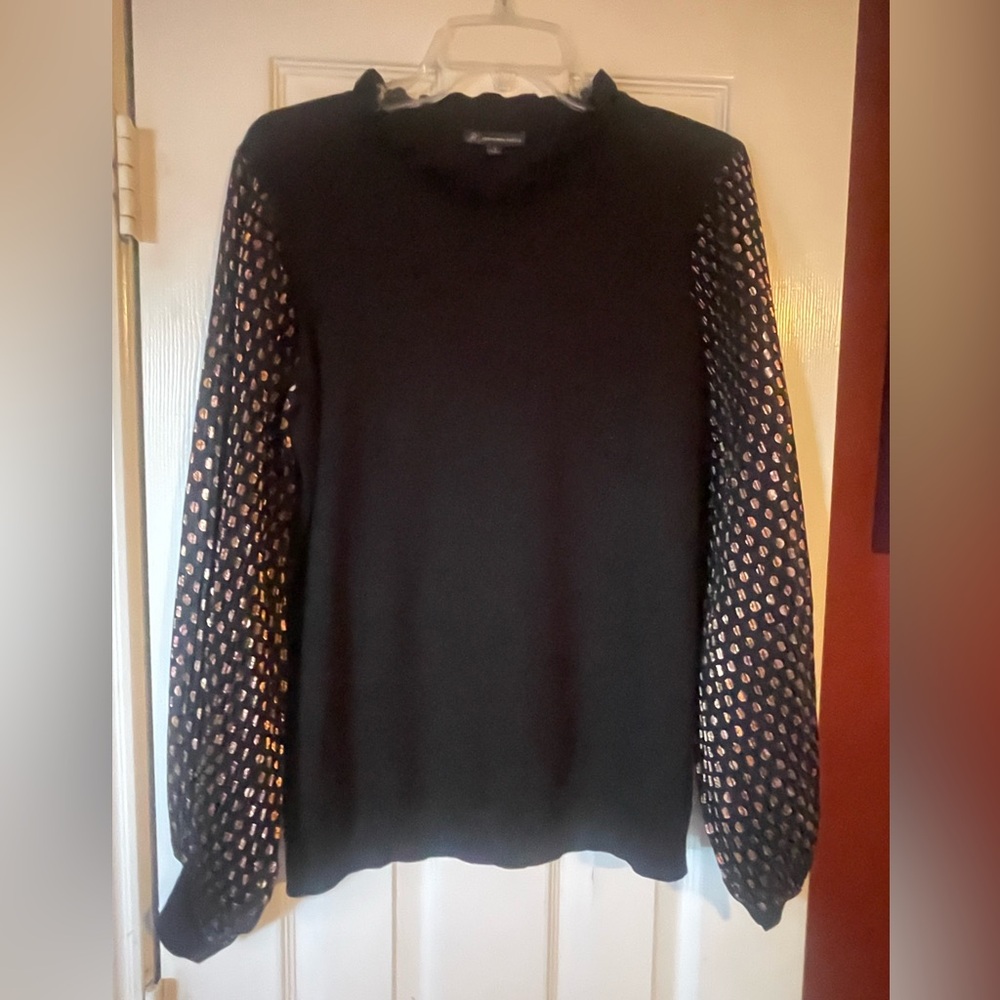 Adrianna Papell Black Sweater with Sheer Polka Dot Sleeves